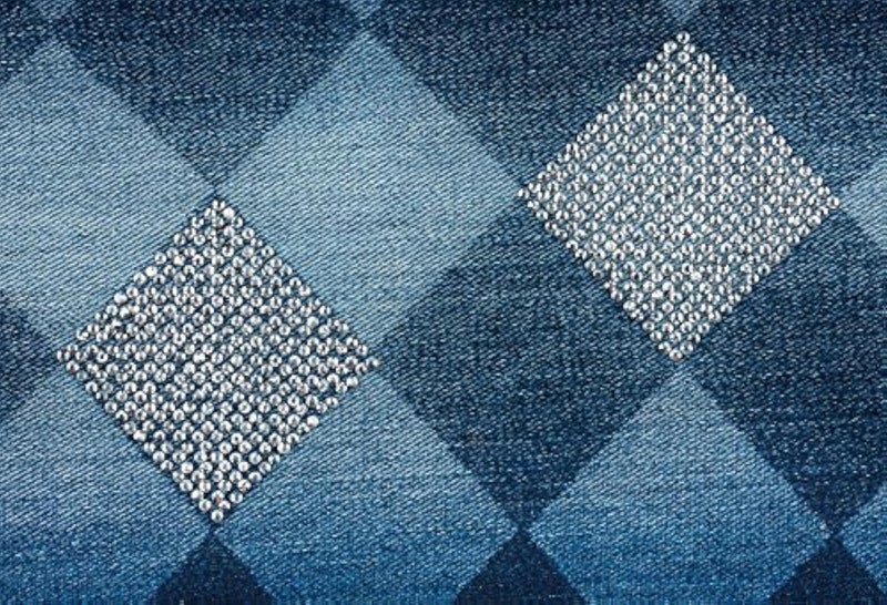 Laeacco 7x5ft Photography Background Jeans Inlaid Rhinestone Photo Booth Props Diamond Denim Background Slant Lattice Square Clothes Backdrops for Photography Portraits Fashion Photo Backdrop - Image 1